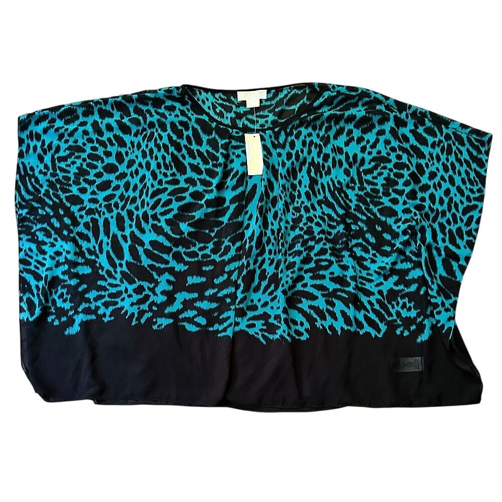 NWT Michael Kors Sheer Teal & Black Leopard Print Camisole Lined Blouse 3XL